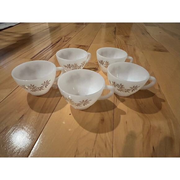 Federal Glass Heat Proof Teacup Coffee 5 Cups/ Saucers Gold Leaf Atomic Vtg  MCM - Picture 7 of 11